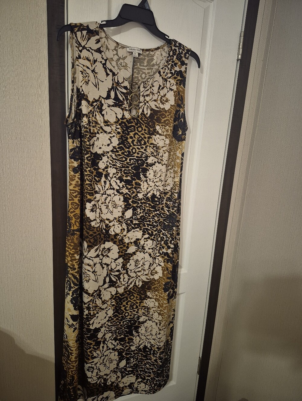 Sleeveless Floral & Animal-Print Maxi Dress in Beige and Black - Unbranded